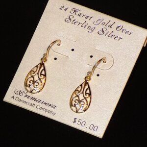 New Danecraft $50 Tag 24K Gold Over Sterling Silver Scrollwork Teardrop Earrings